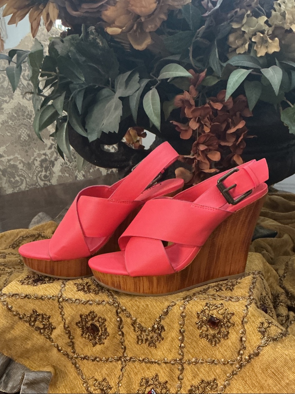 Cato Coral Pink Crisscross Wedge Sandals with Wood-Look Platform